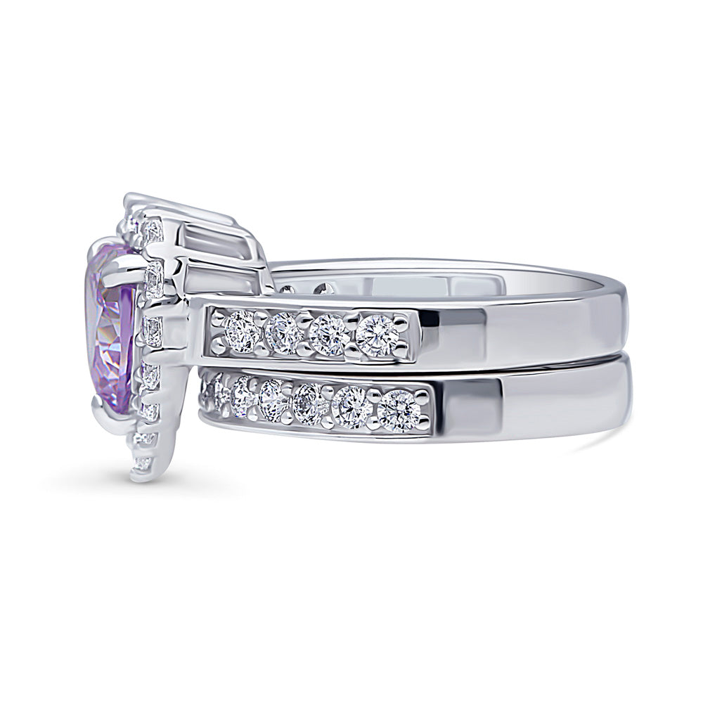 Angle view of Halo Heart Purple Heart CZ Ring Set in Sterling Silver, 5 of 18