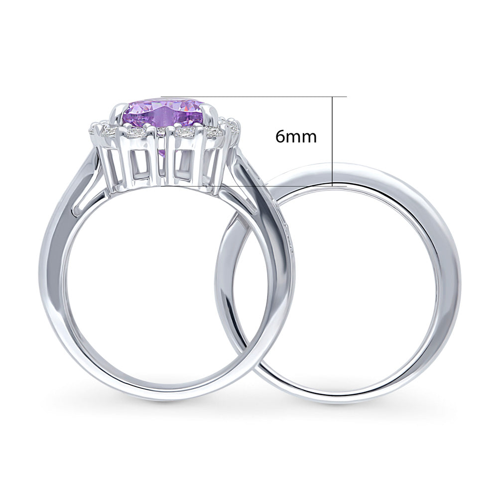 Sterling Silver Halo Heart Purple CZ Wedding Engagement Ring Set