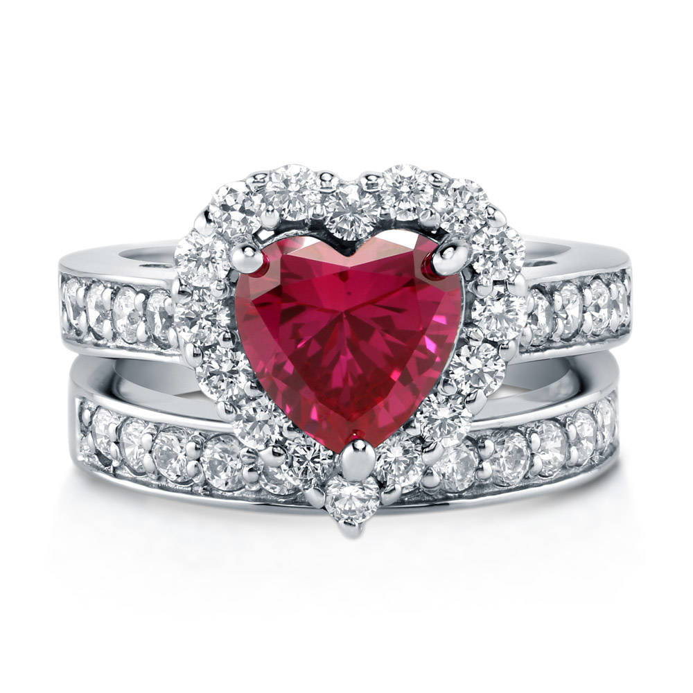 Halo Heart Simulated Ruby CZ Statement Ring Set in Sterling Silver