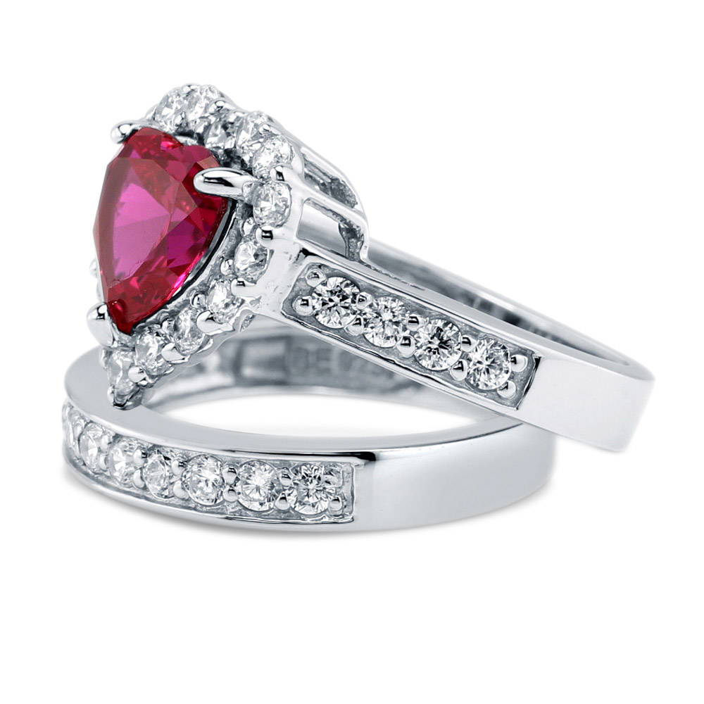 Halo Heart Simulated Ruby CZ Statement Ring Set in Sterling Silver