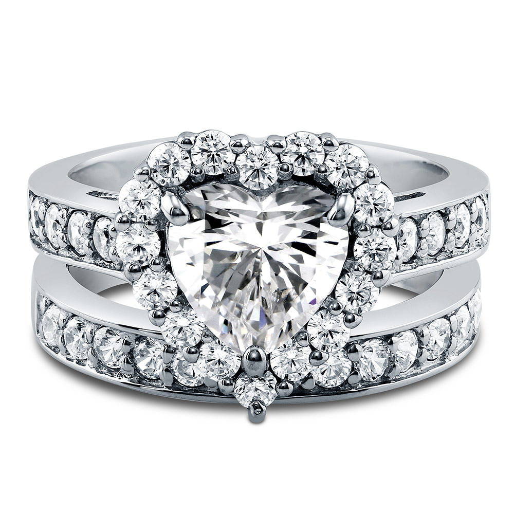 Halo Heart Heart CZ Ring Set in Sterling Silver