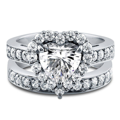 Halo Heart Heart CZ Ring Set in Sterling Silver