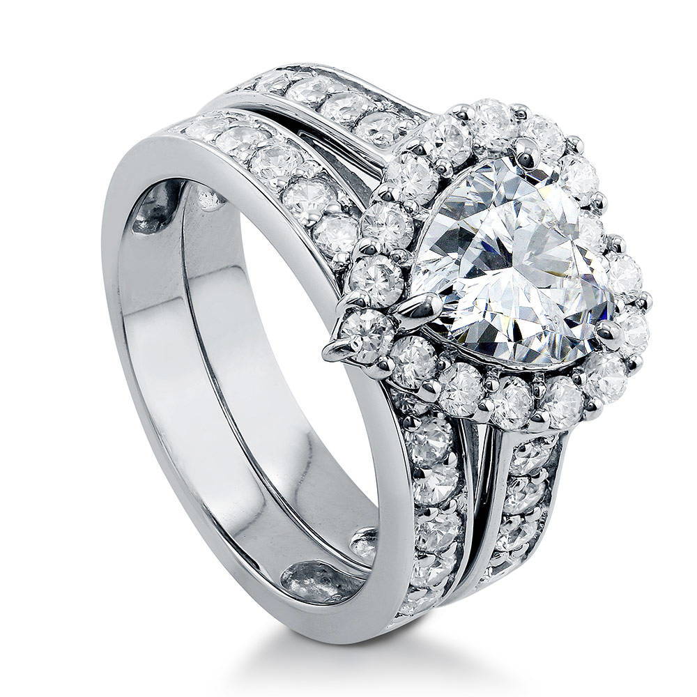 Front view of Halo Heart Heart CZ Ring Set in Sterling Silver, 4 of 9