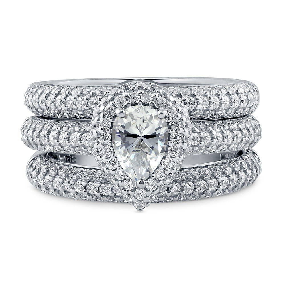 Halo Pear CZ Ring Set in Sterling Silver, 1 of 7