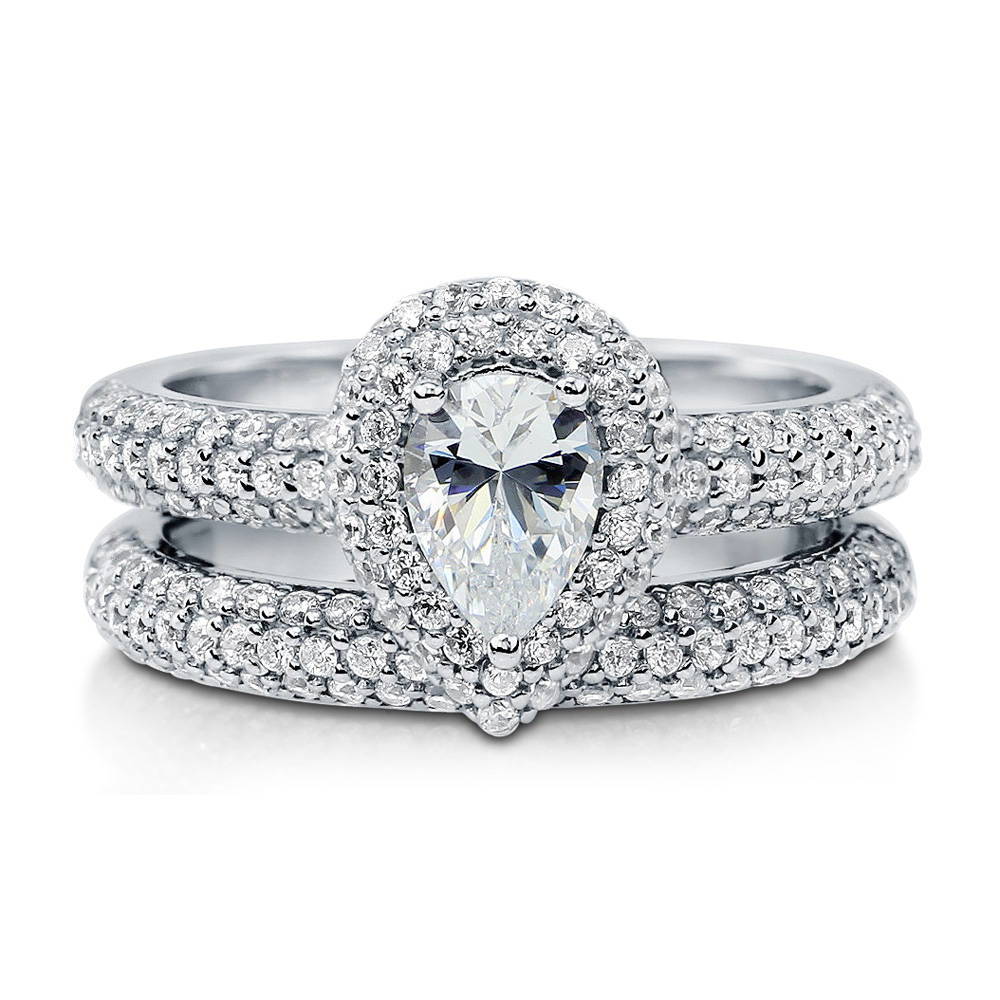 Halo Pear CZ Ring Set in Sterling Silver, 1 of 8