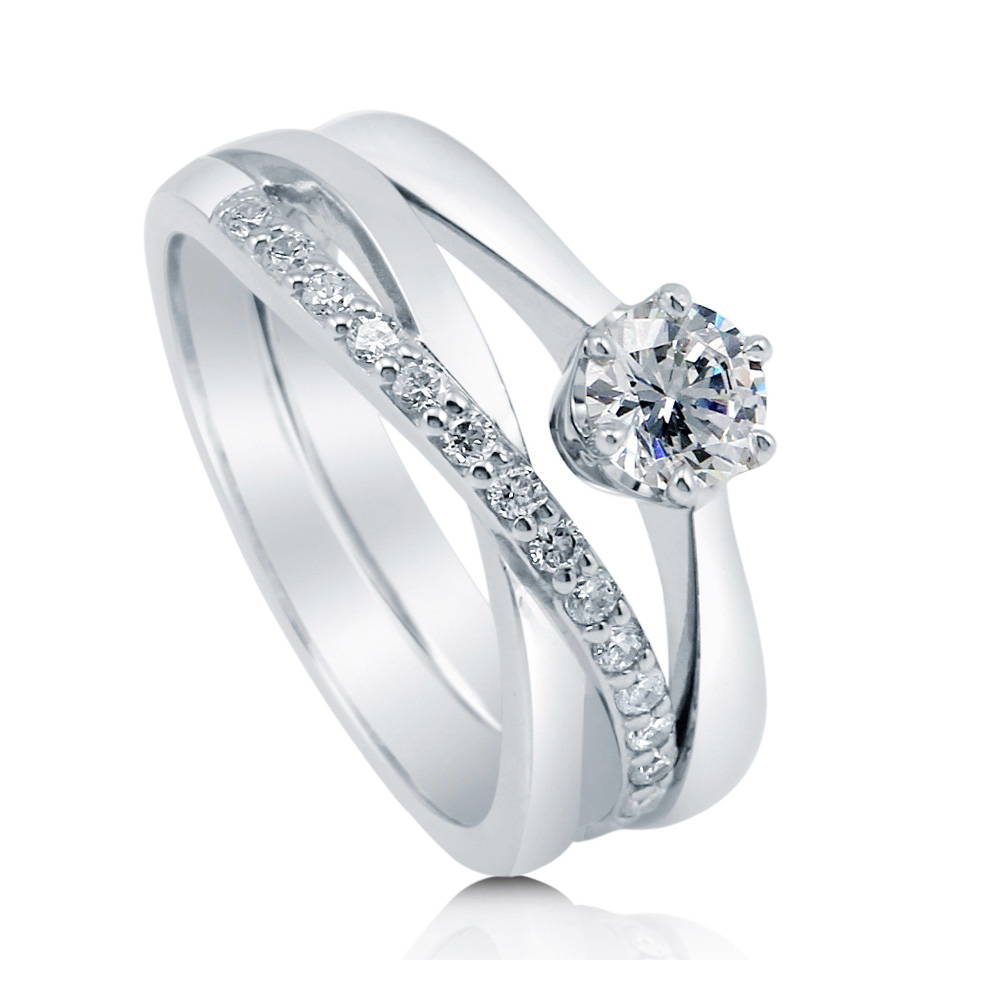 Front view of Solitaire Infinity Criss Cross CZ Ring Set in Sterling Silver, 4 of 11