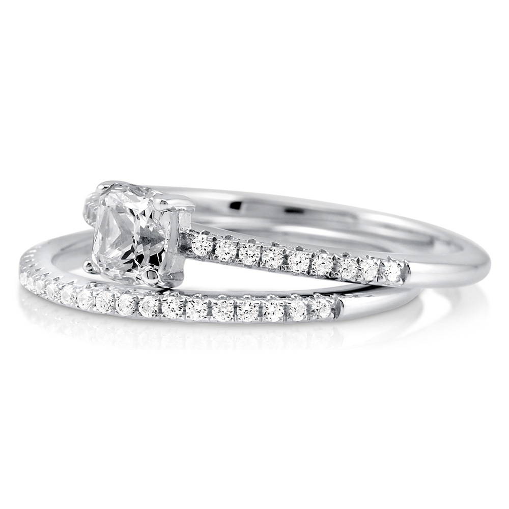 Angle view of Solitaire 0.6ct Cushion CZ Ring Set in Sterling Silver, 5 of 10