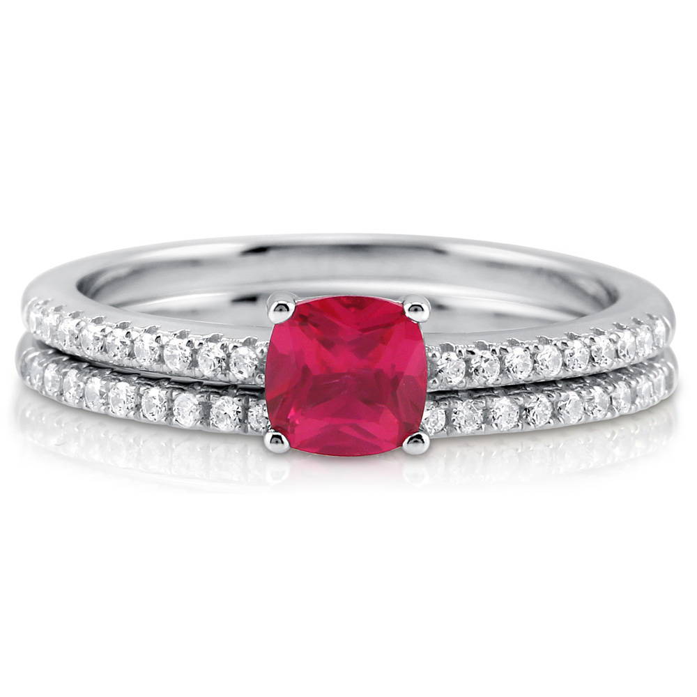 Solitaire 0.6ct Red Cushion CZ Ring Set in Sterling Silver, 1 of 5