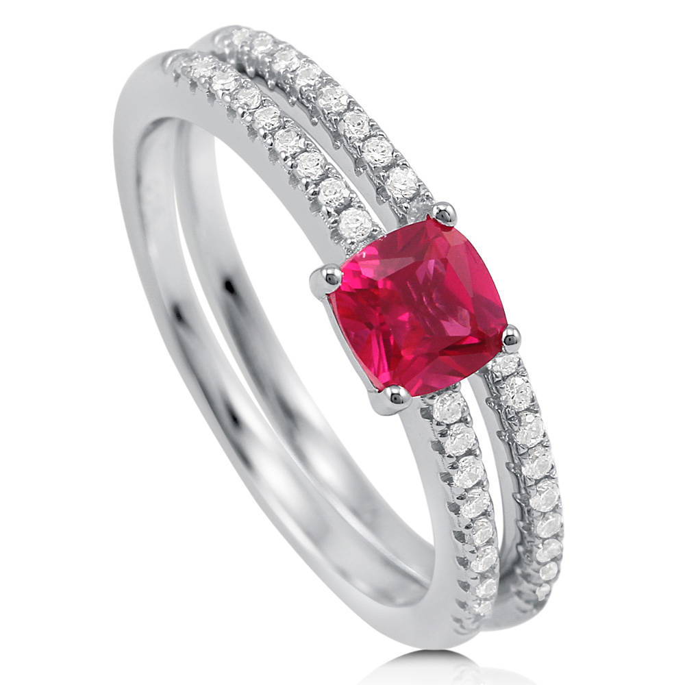 Front view of Solitaire 0.6ct Red Cushion CZ Ring Set in Sterling Silver, 2 of 5