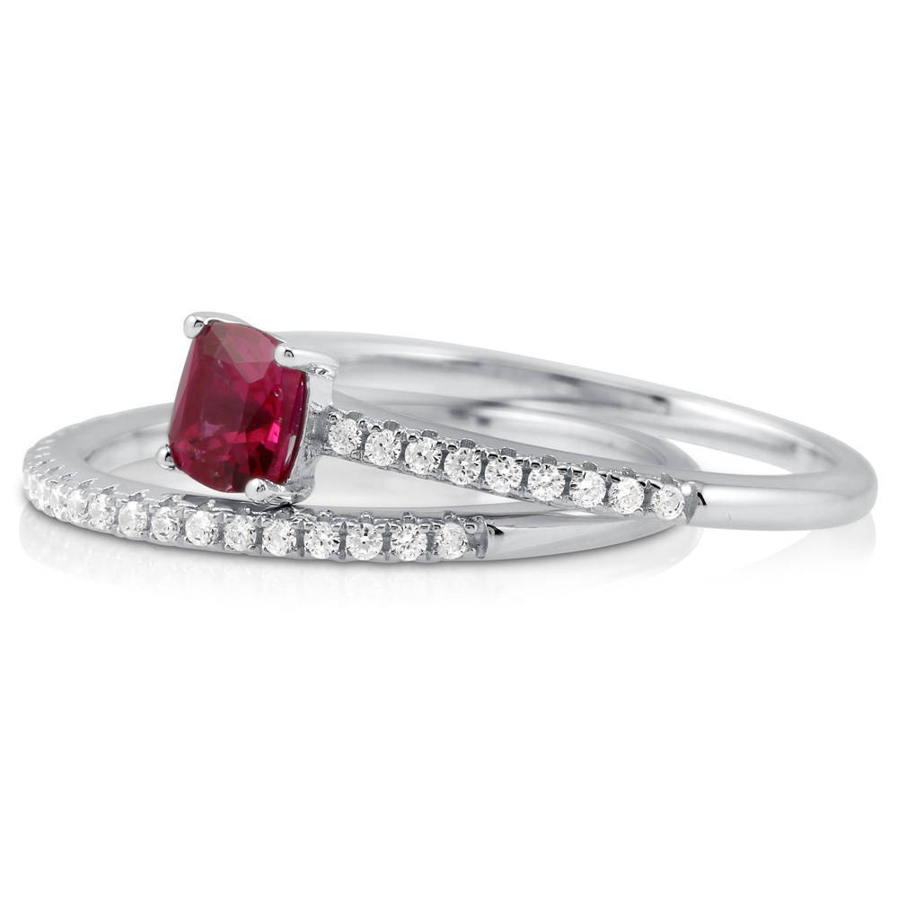 Angle view of Solitaire 0.6ct Red Cushion CZ Ring Set in Sterling Silver, 3 of 5