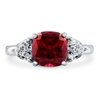 3-Stone 3ct Ruby-Red Cushion CZ Ring in Sterling Silver