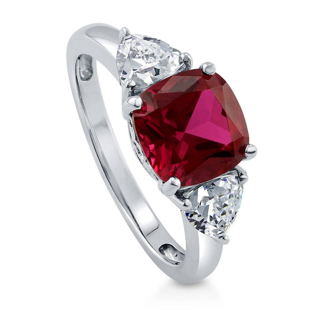 Front view of 3-Stone 3ct Ruby-Red Cushion CZ Ring in Sterling Silver, 4 of 9