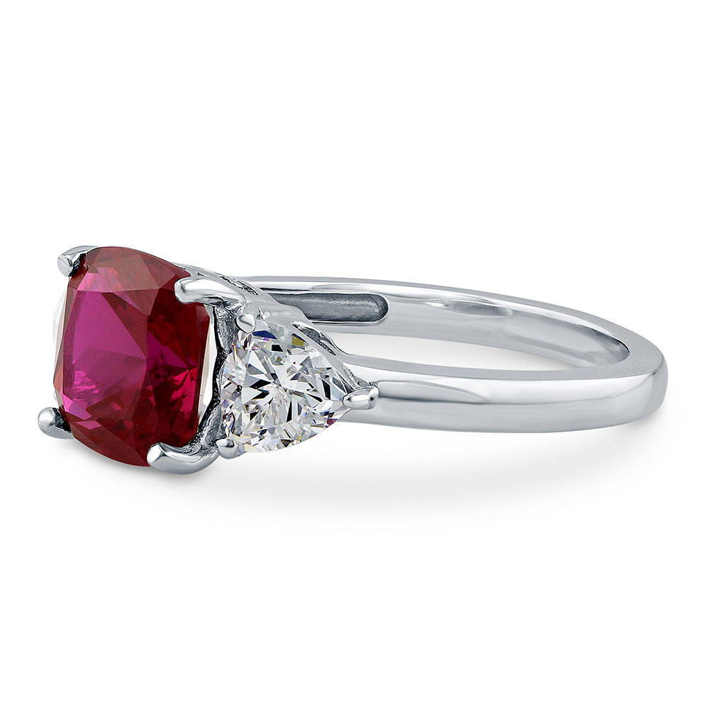 Angle view of 3-Stone 3ct Ruby-Red Cushion CZ Ring in Sterling Silver, 5 of 9