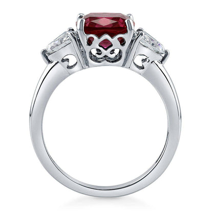 3-Stone 3ct Ruby-Red Cushion CZ Ring in Sterling Silver