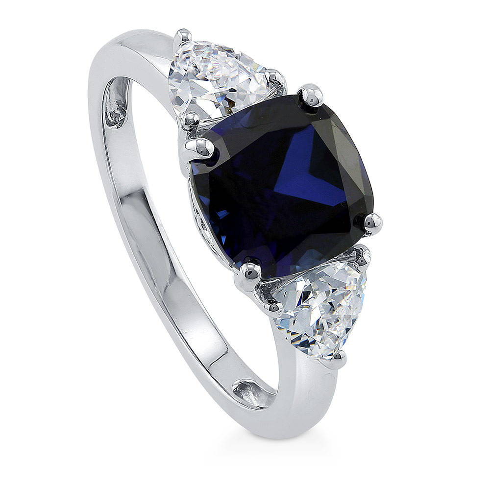 Front view of 3-Stone Simulated Blue Sapphire Cushion CZ Ring in Sterling Silver, 4 of 11