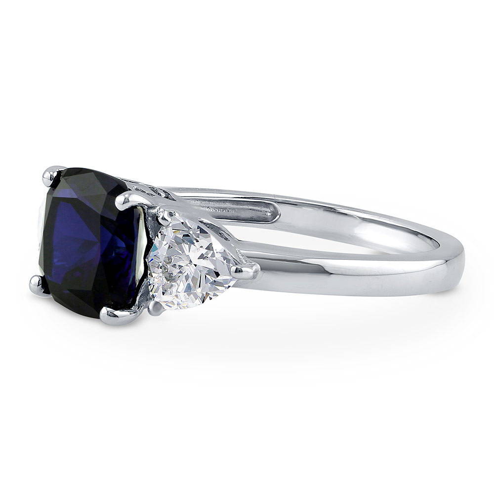 Angle view of 3-Stone Simulated Blue Sapphire Cushion CZ Ring in Sterling Silver, 5 of 11