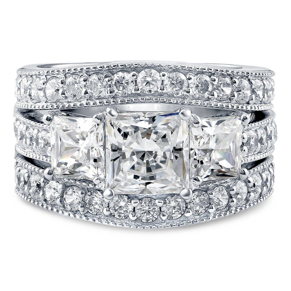 3-Stone 1.6ct Princess CZ Ring Set in Sterling Silver, 1 of 12