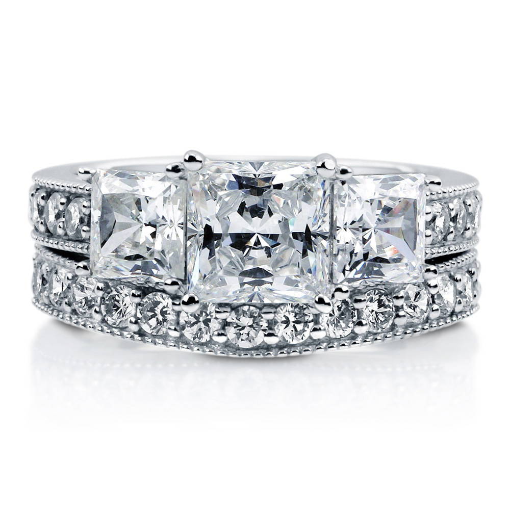 3-Stone 1.6ct Princess CZ Ring Set in Sterling Silver