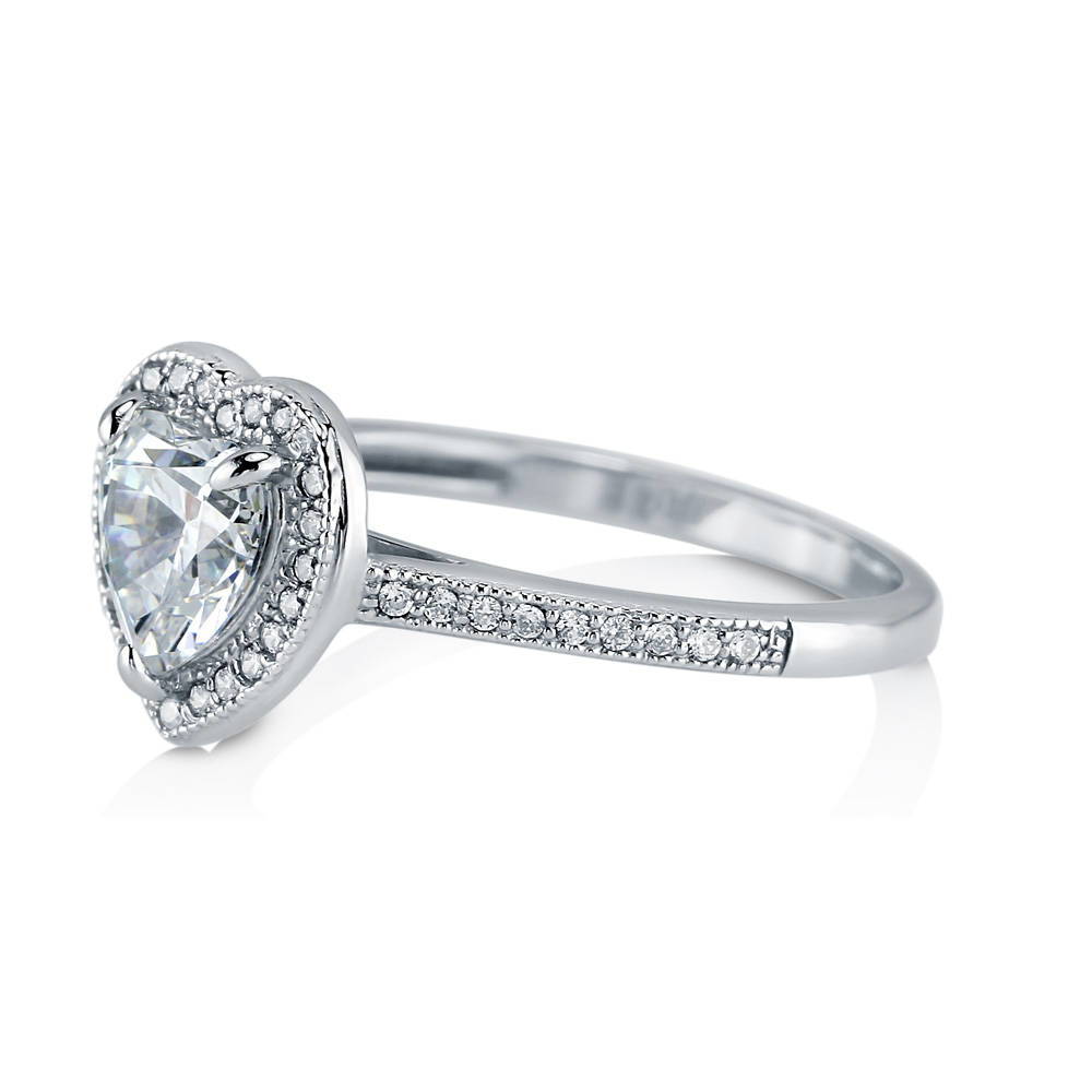 Angle view of Halo Heart Heart CZ Ring in Sterling Silver, 5 of 6