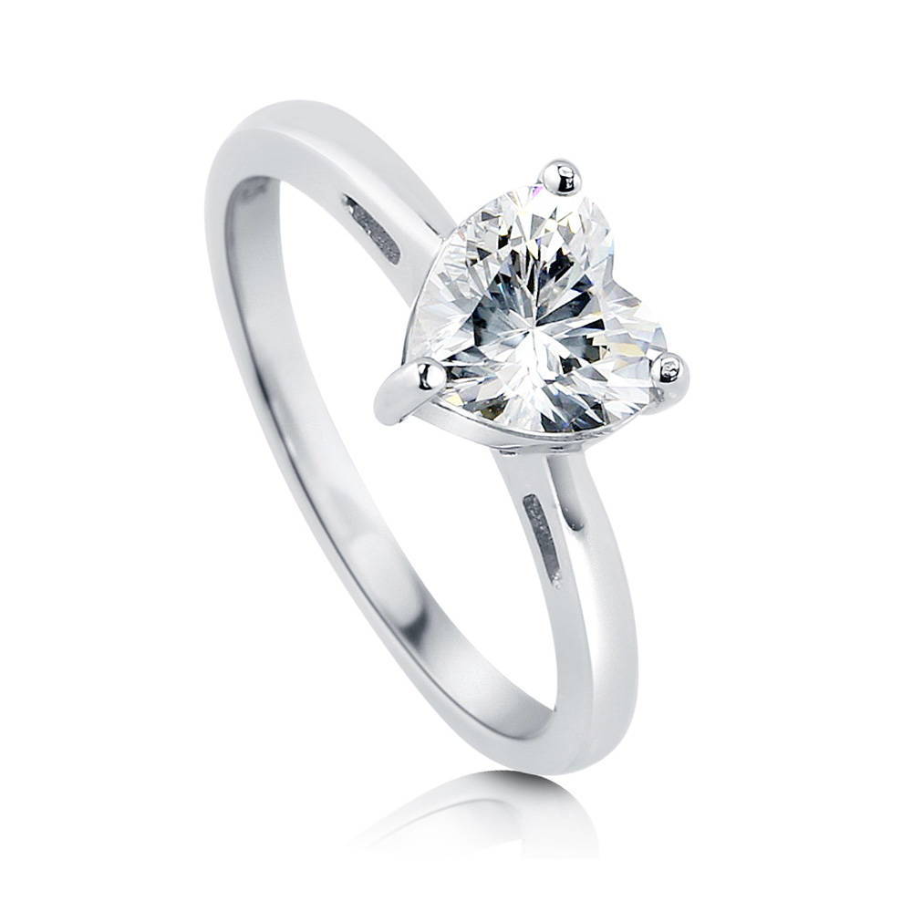 Front view of Solitaire Heart 1.1ct Heart CZ Ring in Sterling Silver, 4 of 6
