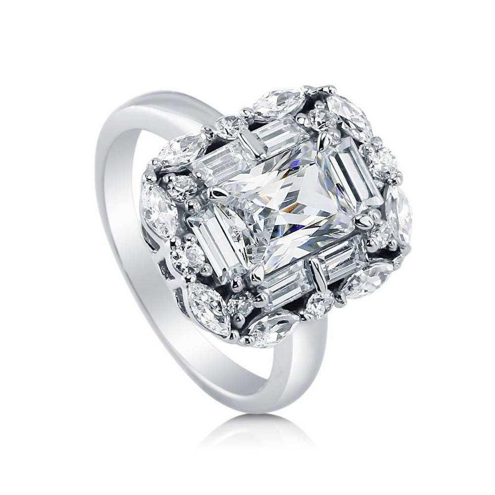 Halo Art Deco Radiant CZ Statement Ring in Sterling Silver
