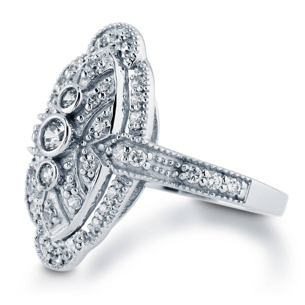 Angle view of Navette Art Deco Milgrain CZ Ring in Sterling Silver, 5 of 10