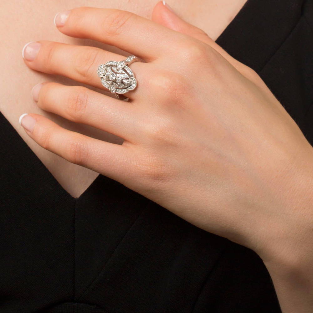 Navette Art Deco Milgrain CZ Ring in Sterling Silver, 9 of 10
