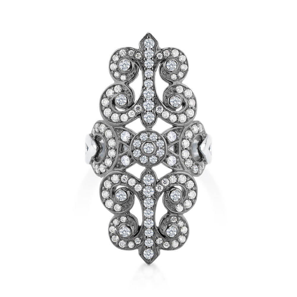 Art Deco Filigree CZ Statement Ring in Sterling Silver