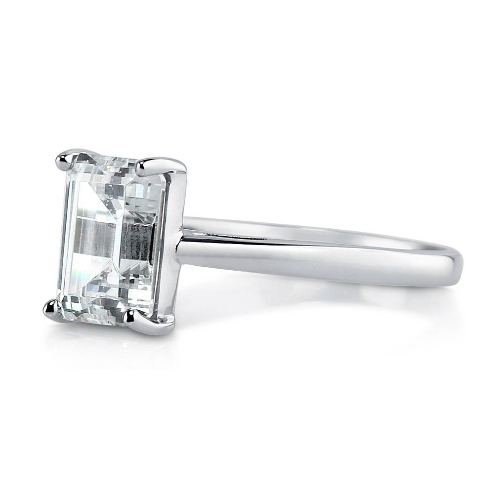 Angle view of Solitaire 2.1ct Emerald Cut CZ Ring in Sterling Silver, 5 of 9