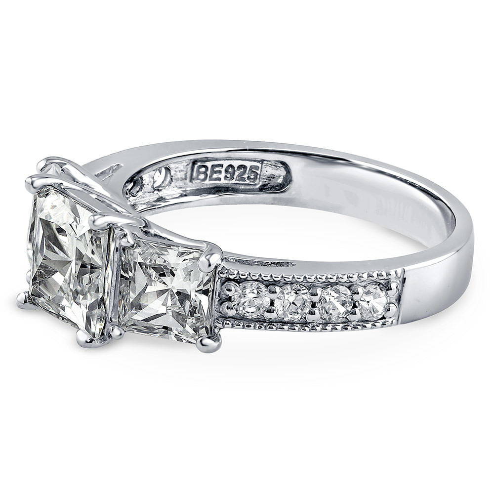 Angle view of 3-Stone 1.6ct Princess CZ Ring in Sterling Silver, 5 of 13