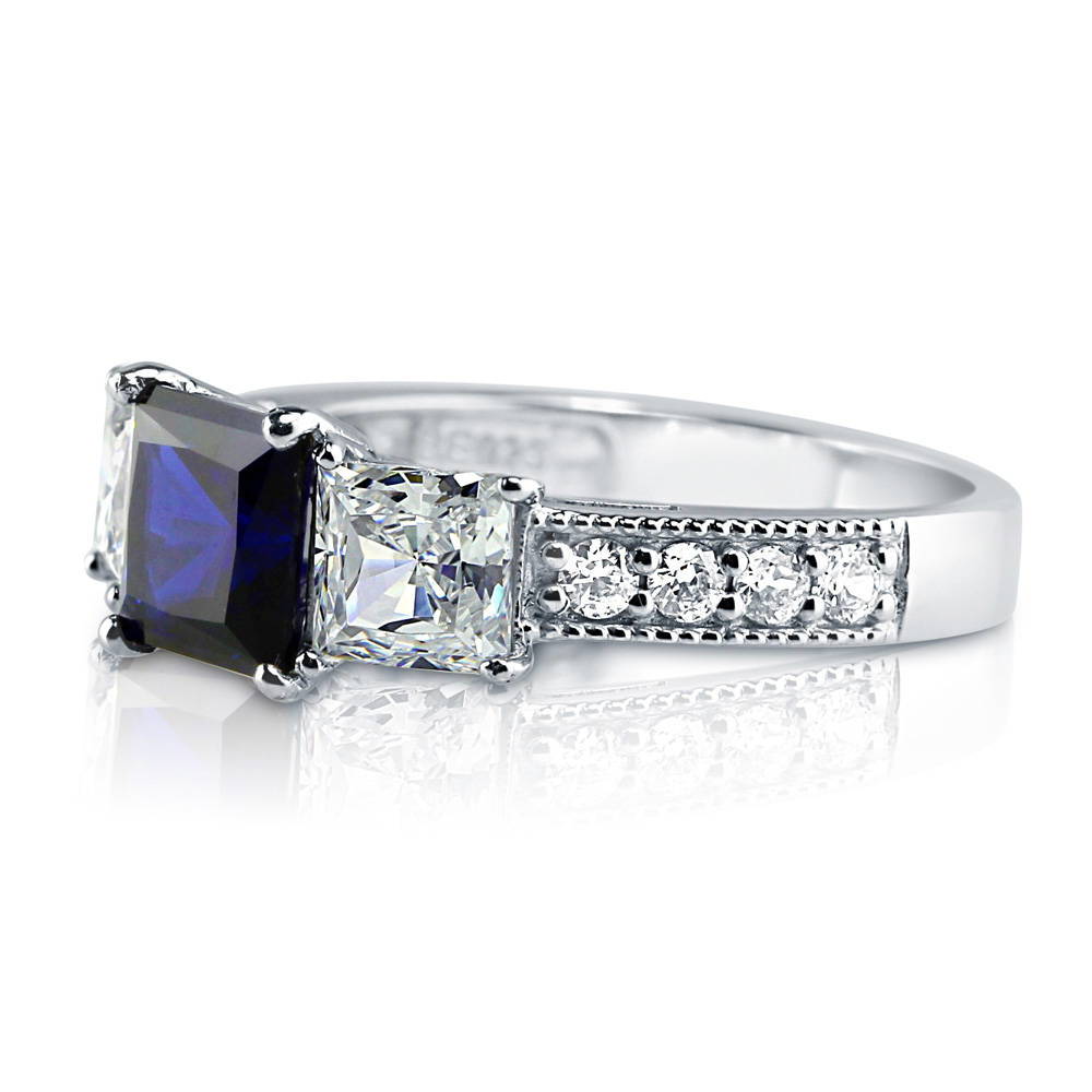 3-Stone 1.6ct Sapphire-Blue Princess CZ Ring in Sterling Silver