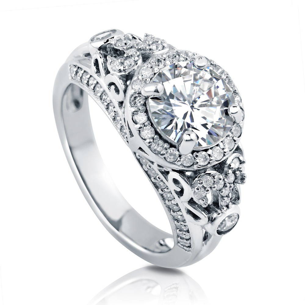 Front view of Halo Art Deco CZ Ring in Sterling Silver, 4 of 7