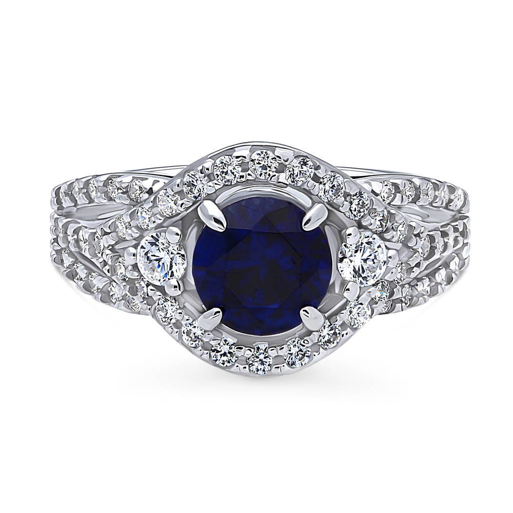 3-Stone Woven Halo Sapphire-Blue CZ Ring in Sterling Silver, 1 of 17