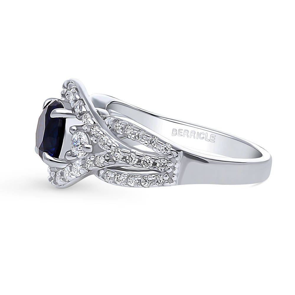 Angle view of 3-Stone Woven Halo Sapphire-Blue CZ Ring in Sterling Silver, 5 of 17
