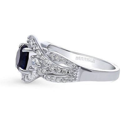 3-Stone Woven Halo Sapphire-Blue CZ Ring in Sterling Silver