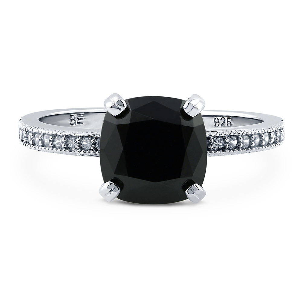 Solitaire 3ct Black Cushion CZ Ring in Sterling Silver