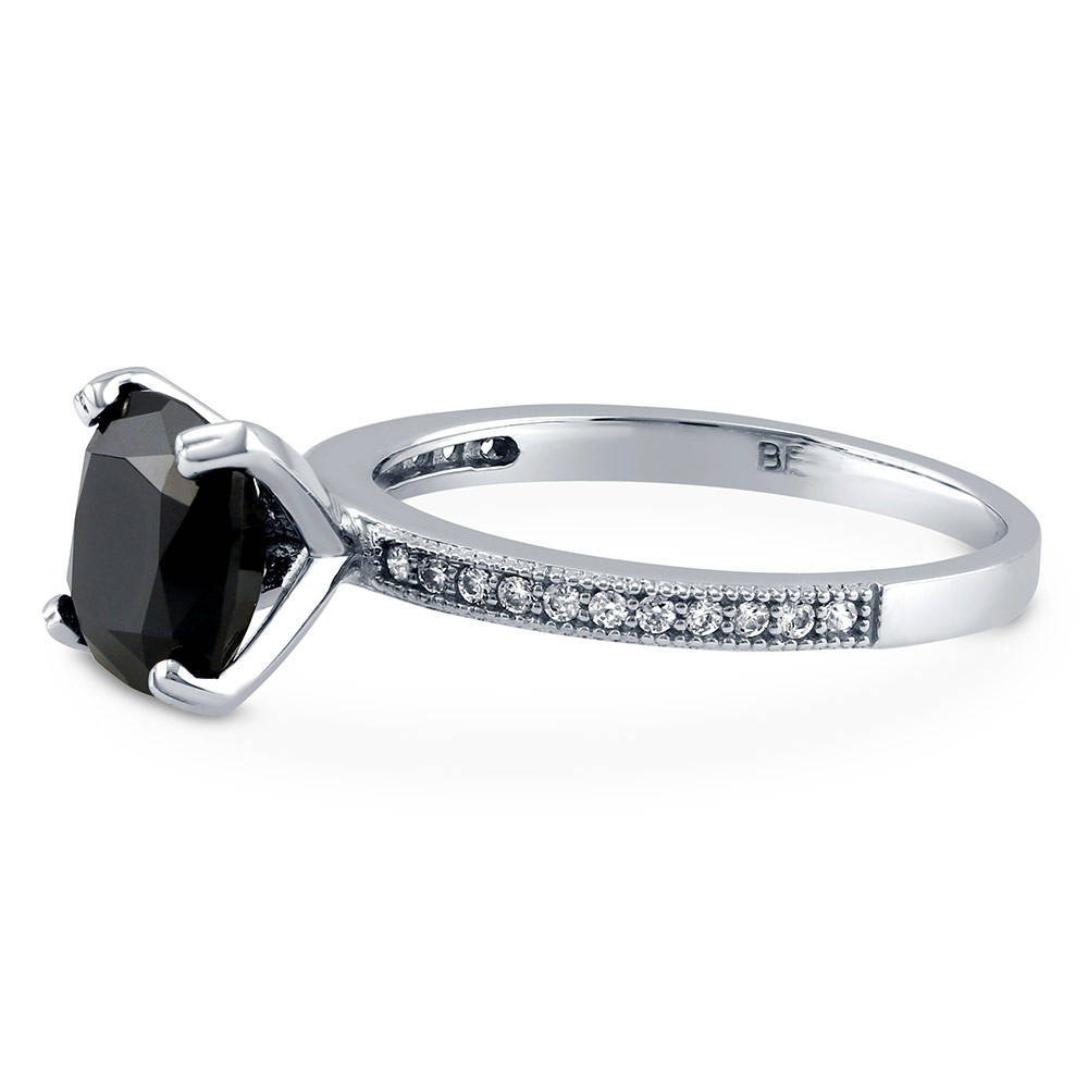 Angle view of Solitaire 3ct Black Cushion CZ Ring in Sterling Silver, 5 of 6