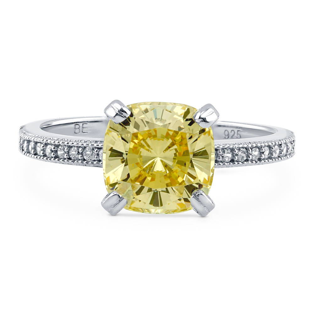 Solitaire 3ct Canary Yellow Cushion CZ Ring in Sterling Silver, 1 of 6