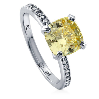 Solitaire 3ct Canary Yellow Cushion CZ Ring in Sterling Silver