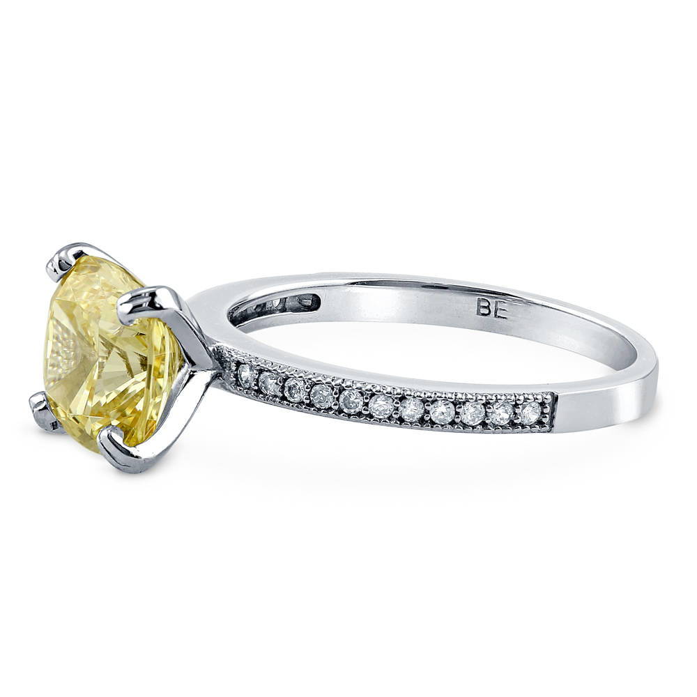 Angle view of Solitaire 3ct Canary Yellow Cushion CZ Ring in Sterling Silver, 5 of 6