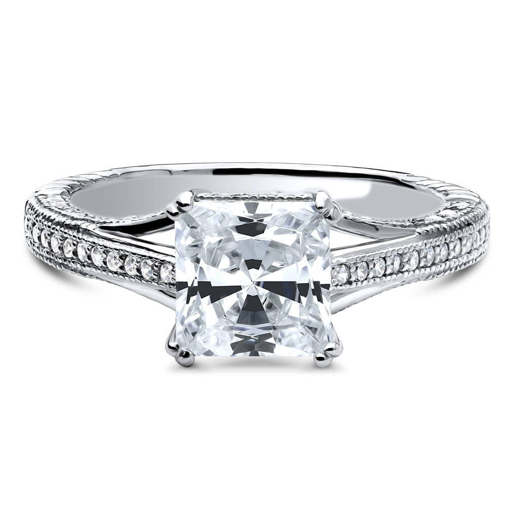 Solitaire Art Deco Milgrain Princess CZ Ring in Sterling Silver