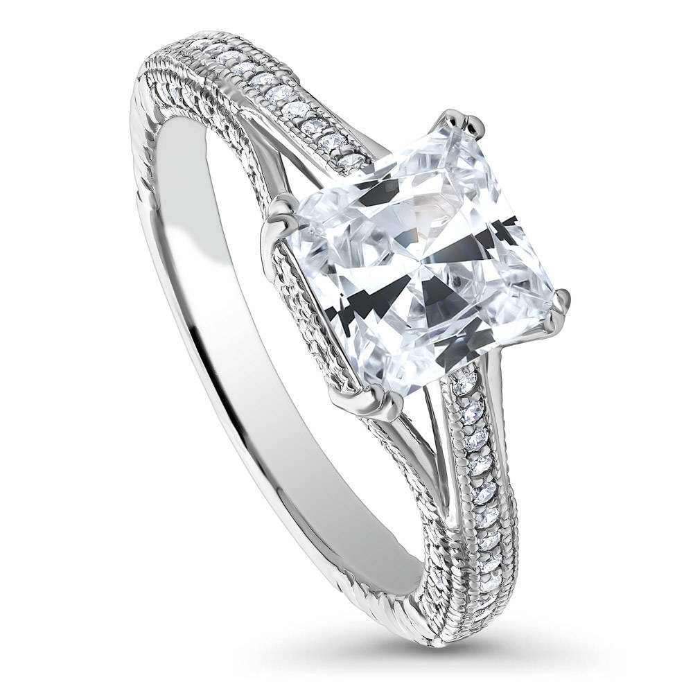 Solitaire Art Deco Milgrain Princess CZ Ring in Sterling Silver