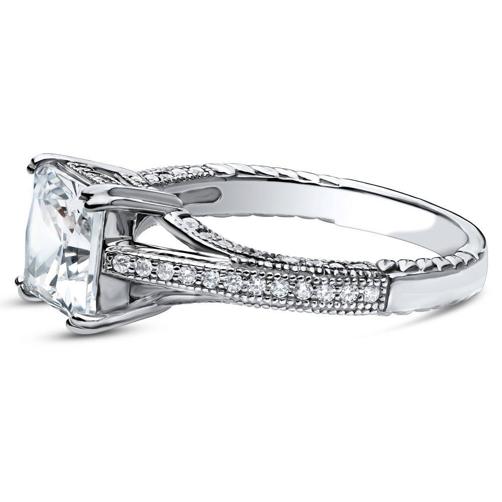 Solitaire Art Deco Milgrain Princess CZ Ring in Sterling Silver
