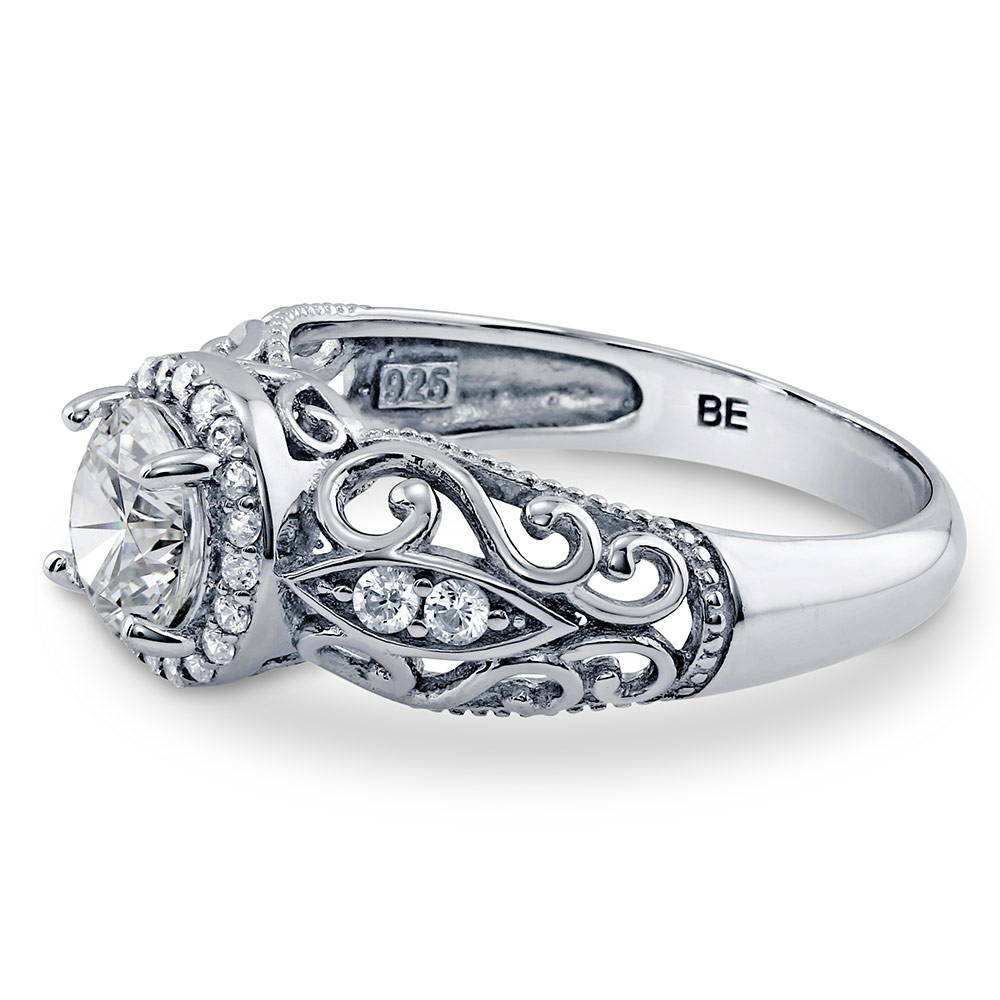 Angle view of Halo Art Deco Milgrain CZ Ring in Sterling Silver, 5 of 10