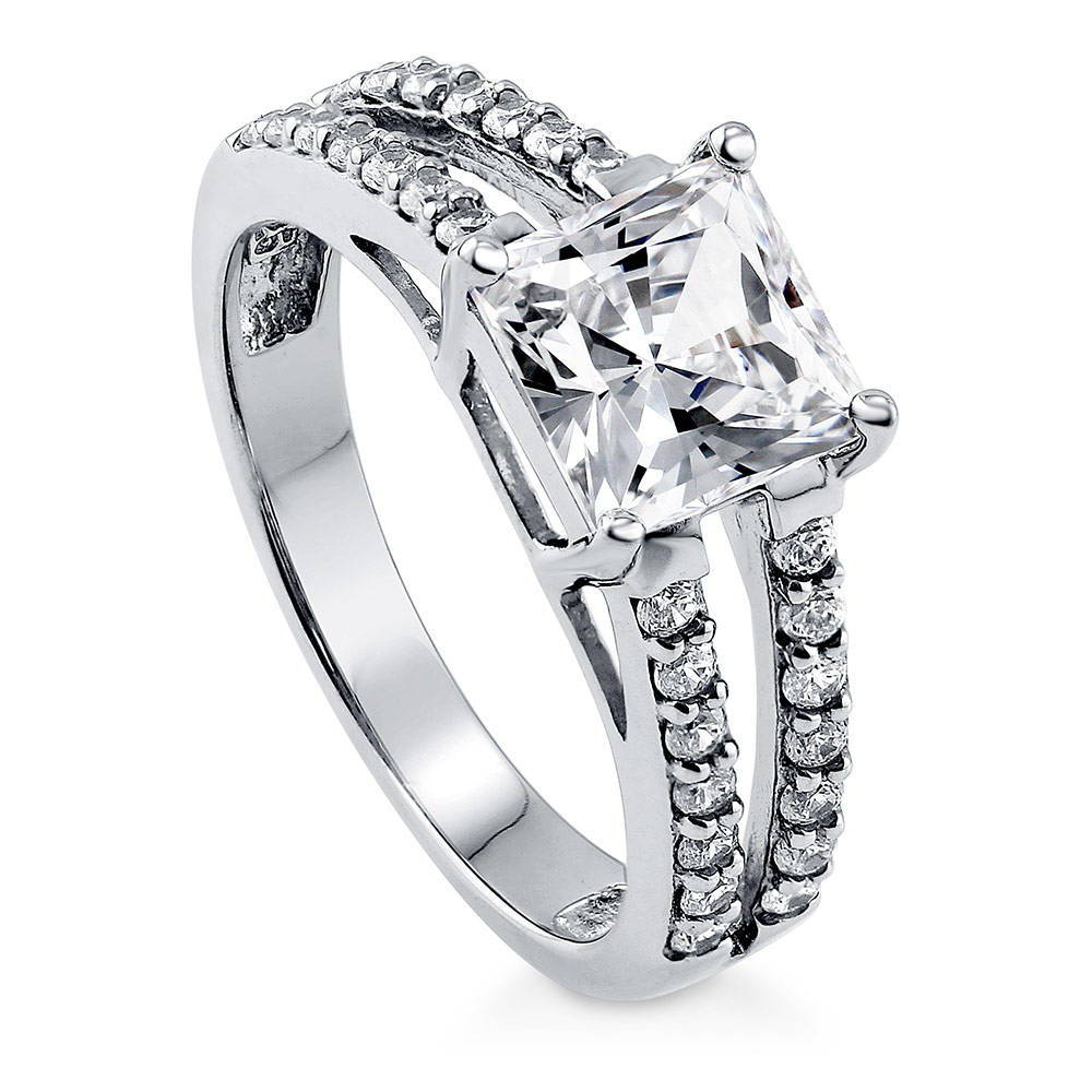 Front view of Solitaire 2ct Princess CZ Split Shank Ring in Sterling Silver, 4 of 9