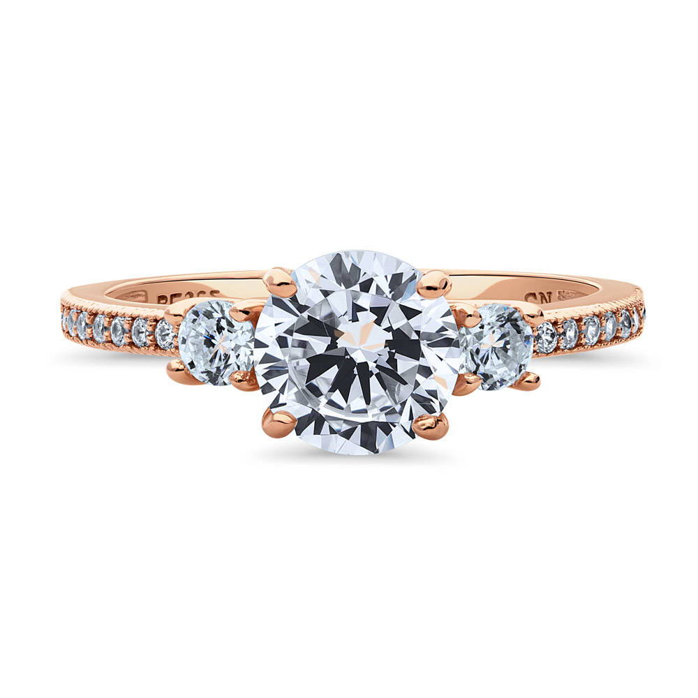 3-Stone Round CZ Ring in Rose Gold Plated Sterling Silver