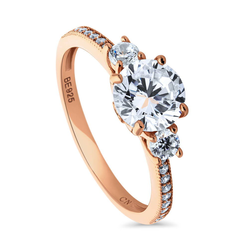 3-Stone Round CZ Ring in Rose Gold Plated Sterling Silver