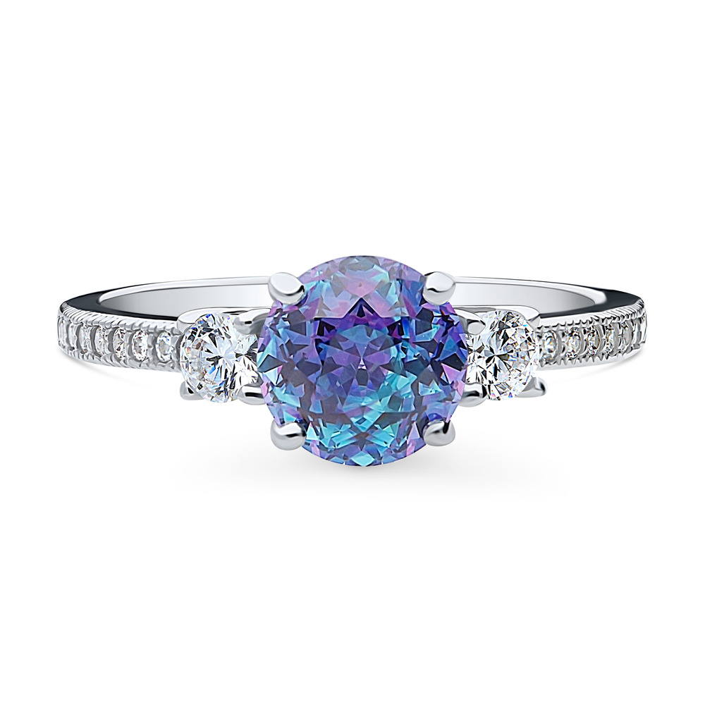 3-Stone Kaleidoscope Purple Aqua CZ Ring in Sterling Silver, 1 of 8