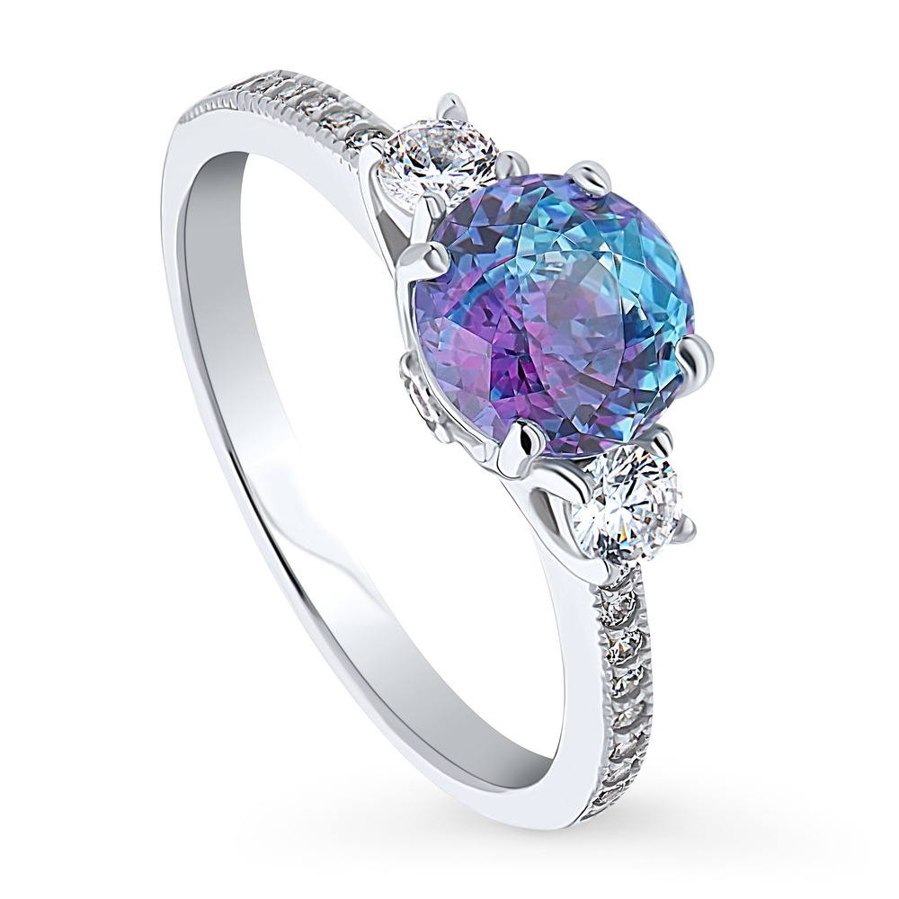 Front view of 3-Stone Kaleidoscope Purple Aqua CZ Ring in Sterling Silver, 4 of 8