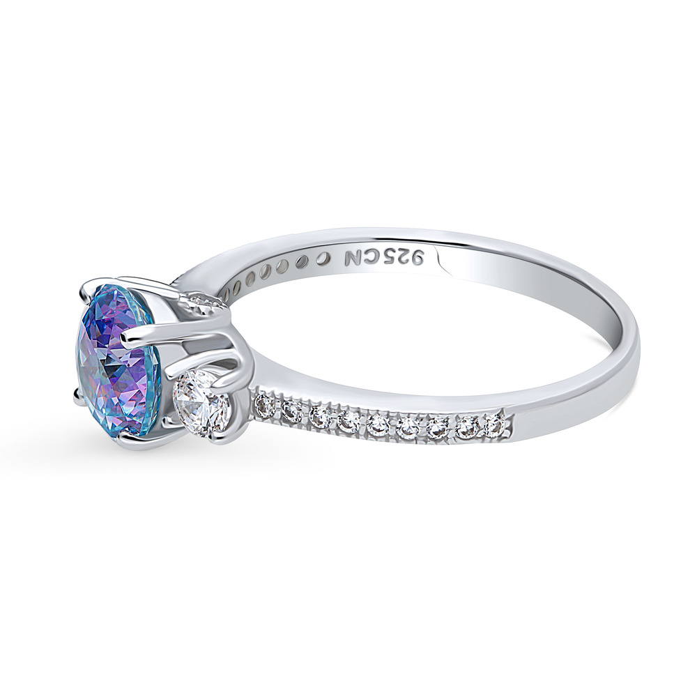 Angle view of 3-Stone Kaleidoscope Purple Aqua CZ Ring in Sterling Silver, 5 of 8